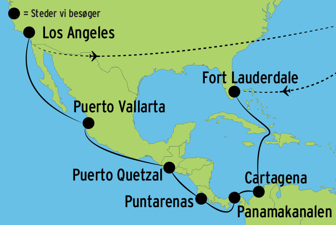 Kort over ruten på krytstogtet gennem Panamakanalen